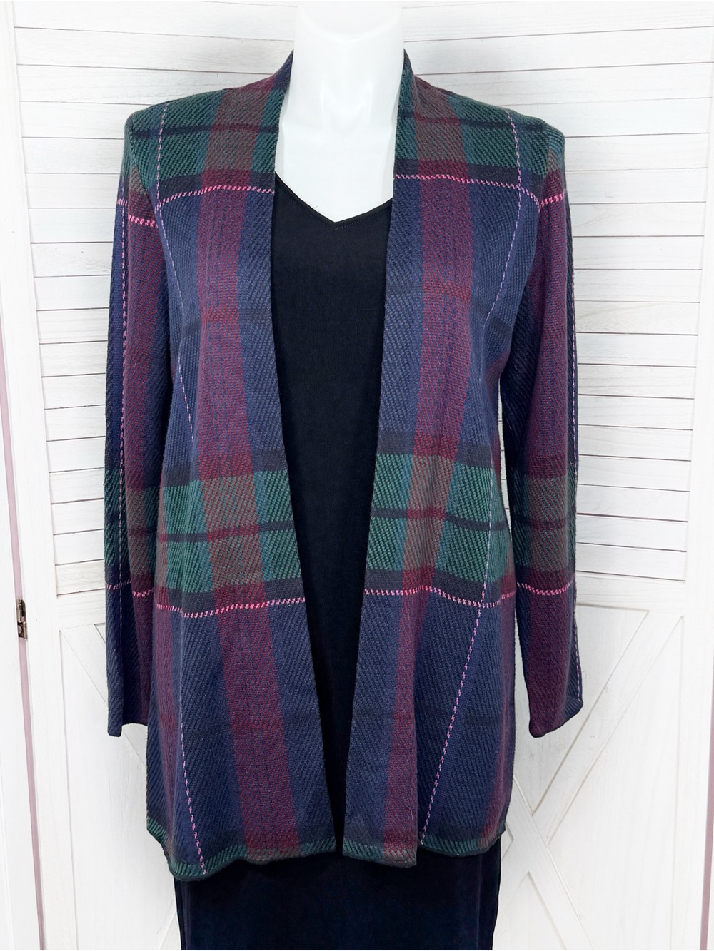 Talbots Plaid Open Front Long Cardigan Sweater Blue Multi Large Preppy Classic